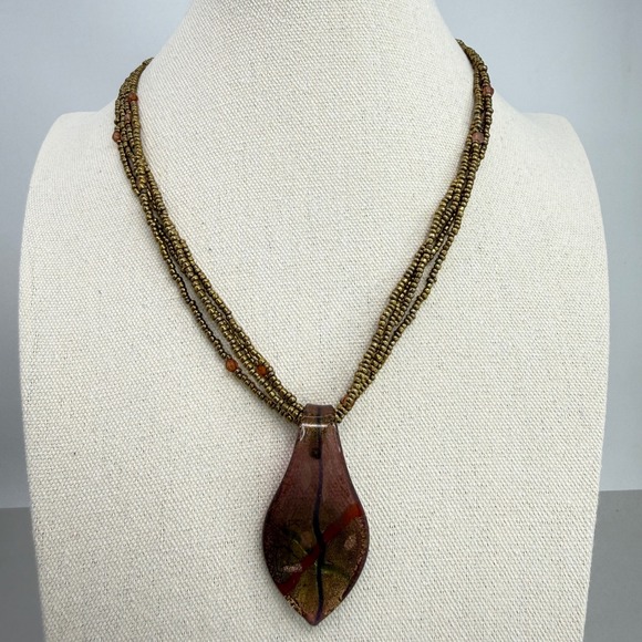 Dichroic Glass Teardrop Pendant Necklace Multi Strand Bronze Seed Beads - Picture 2 of 10